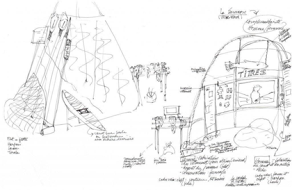 Atelier de conception avec Julie Mollen, Agathe Napess, Ghyslain Piétacho et Louis Lalo dans le cadre de l’Exposition « L’univers des Innus d’Ekuanitshit ».